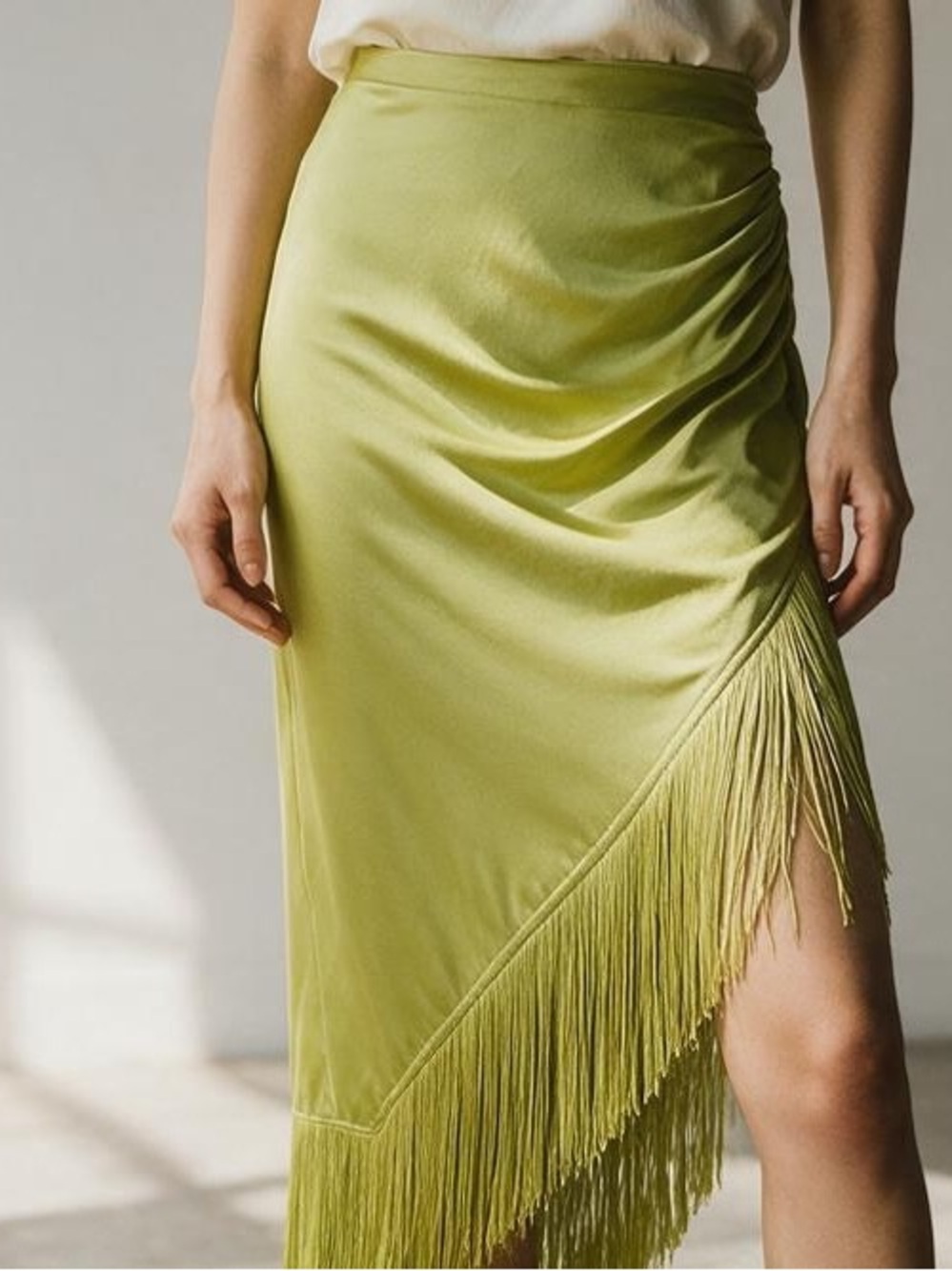 FORE Lime Green Chartreuse Asymmetric Fringe Midi Skirt Size M